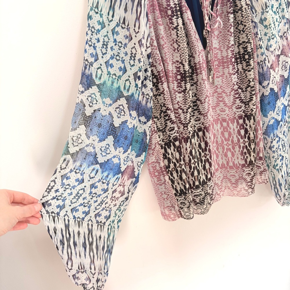 Ramy Brook Kayden Silk Blouse Large Boho Snakeskin Print Multi-Color Long Sleeve - Picture 4 of 10
